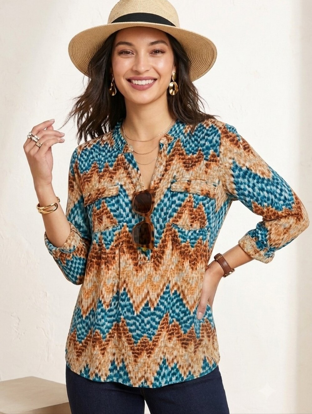 Ava & Grace Pull Over Zig Zag Chevron Nehru Collar Top Orange Green XL